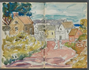 Skizzenbuch, The Dells, Nr. 127, Seite 166 & 167: Dorf mit Häusern und Straße von Maurice Prendergast