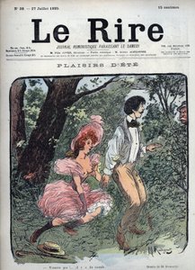Sommervergnügen - Zwei Liebende werden in einem Wald von einem Passanten überrascht - Illustration von Maurice Radiguet (1866-1941) für die französische Zeitschrift Le Rire Nummer 38 von 1895
