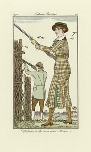 Entwurf für Damen-Tweed-Schießanzug, aus Costumes Parisien, veröffentlicht 1912 von Maurice Taquoy
