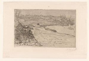 Landschaft mit Häusern und Wasser mit festgemachten Segelbooten von Maurits van der Valk (signed by artist)