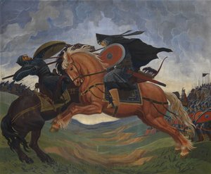 Einzelkampf von Peresvet und Temir-murza auf dem Kulikovo-Feld im Jahr 1380 von Mavriki Petrovich Jacobi