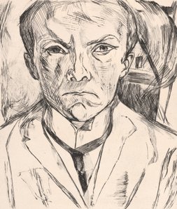 Selbstbildnis von vorn, im Hintergrund Hausgiebel von Max Beckmann