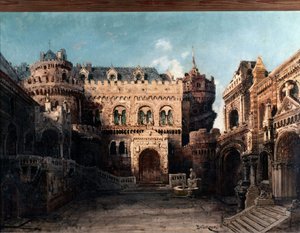 Dekor von „Lohengrin“, romantische Oper in drei Akten. Bühnenbild von Bruckner von Max Bruckner