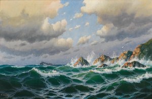 Dampfer vor stürmischer Küste