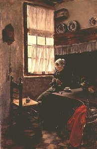 Eine junge Frau, die in einem Innenraum strickt von Max Liebermann