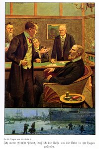 Phileas Fogg nimmt die Wette im Reform Club an, dass er in 80 Tagen um die Welt reisen kann, Illustration aus einer in Berlin veröffentlichten Ausgabe