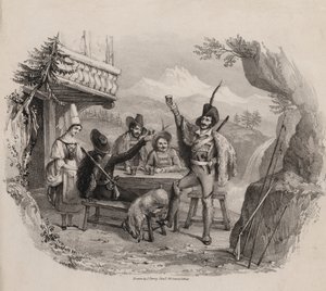 Jäger in den Bergen genießen ein Getränk in einer Taverne (Stich) von Maxim Gauci