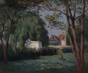 Landschaftsszene mit drei Häusern und Bäumen