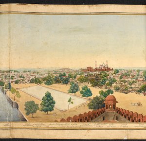 Abschnitt eines Panoramas von Delhi, zeigt die Jama Masjid