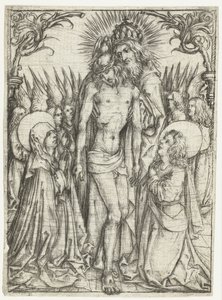 Anbetung der Heiligen Dreifaltigkeit durch Maria, Johannes den Evangelisten und Engel von Meester van het Amsterdamse Kabinet