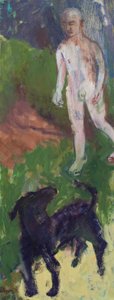 Weißer Mann, der einen schwarzen Hund führte, 2016 von Megan Williamson
