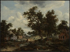 Waldlandschaft mit Reisenden auf einem Pfad durch ein Dorf von Meindert Hobbema