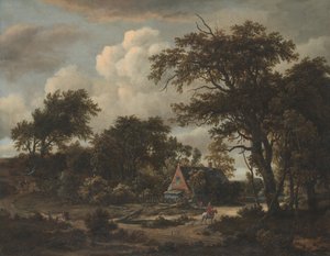 Waldlandschaft mit Hütte und Reiter, 1663 von Meindert Hobbema