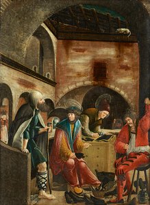 Die Heiligen Crispinus und Crispinianus in ihrer Schusterwerkstatt von Meister der Crispinuslegende