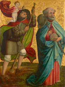Linker Flügel des sog. Pretschlaipfer-Triptychons: Hll. Christophorus und Jakobus Major (Innenseite); Verkündigung an Maria (Außenseite) von Meister von Großgmain (Werkstatt)