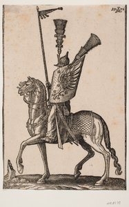 Berittener Soldat, Profil nach links; Lanze mit Wimpel, Metallhelm mit sehr hohem Federbusch, Schild mit Adlerflügel und ein weiterer hoher Federbusch von Melchior Lorck