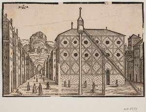 Straße, im Vordergrund Moschee und freistehendes Minarett von Melchior Lorck
