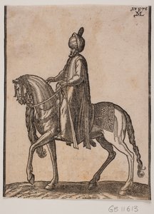 Berittener älterer Mann, mit Keule an seiner Seite, Profil nach links; unter dem Hals des Pferdes hängt ein Pferdeschwanz oder Ochsenhaar als Zeichen des würdevollen Status des Mannes von Melchior Lorck