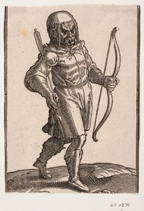 Soldat, gehend nach rechts; Stiefel und kniekurze Tracht; in der linken Hand ein Bogen, in der rechten Hand ein Pfeil von Melchior Lorck