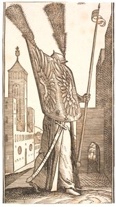 Stehender Soldat mit einem Schild, der mit Adlerflügeln verziert ist, und einem Helm, der mit einer riesigen Feder geschmückt ist von Melchior Lorck