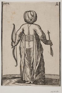 Stehender Bogenschütze, von hinten gesehen; in der linken Hand ein Bogen, in der rechten Hand ein Pfeil von Melchior Lorck