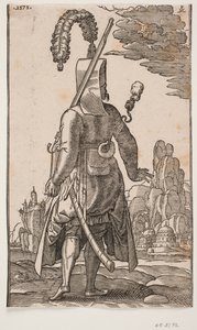 Stehender Janitschar von hinten gesehen, Federkopfbedeckung, Gewehr an der linken Schulter von Melchior Lorck