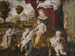 Die Jungfrau Maria und das Kind, der kleine Johannes und zwei Engel