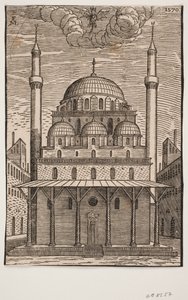 Unidentifizierte Moschee mit einem drachenähnlichen Teufel darüber schwebend von Melchior Lorck