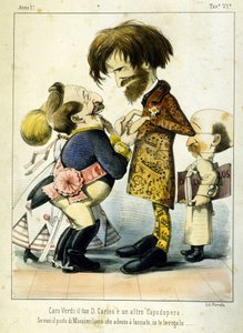 Karikatur über Giuseppe Verdi und Napoleon III nach der Oper Don Carlos in Paris 1867. Karikatur von Melchiorre Delfico. Private Sammlung Mailand