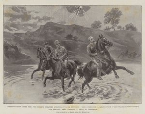 Korrespondenten unter Beschuss, der feindliche Schrapnell explodiert über Mr. Nevinson (Daily Chronicle), Melton Prior (Illustrated London News) und Diener, als sie einen Drift in Ladysmith überqueren