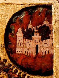 Gesegnet sei das Heer des Himmelskönigs (Detail): Feuer in Kasan, 1550er von Metropolitan of Moscow Athanasius