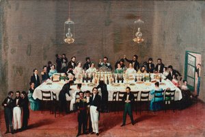 Bankett zu Ehren von General Antonio Leon in Oaxaca, Mexiko. Gemälde der mexikanischen Volksschule des 19. Jahrhunderts