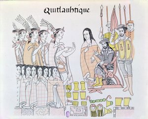 La Malinche (Dona Marina) als Dolmetscherin während der Präsentation von Frauen und Gold durch Montezuma (1466-1520) an Hernando Cortes (1485-1547) Illustration aus einer Faksimile einer mexikanischen indianischen Bildgeschichte