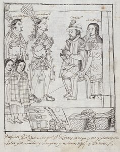 Montezuma trifft Cortez, aus Historia de Tlaxcala von Diego Muñoz Camargo von Mexican School