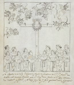 Die Errichtung des ersten Kreuzes, aus Historia de Tlaxcala von Diego Muñoz Camargo