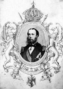 Porträt von Kaiser Maximilian im mexikanischen Kaiserwappen (Schwarzweißfoto und Gravur) von Mexican School