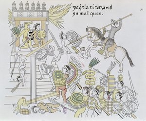 Das Verbrennen der Idole durch Hernán Cortés, Illustration aus einer Faksimile einer mexikanischen indianischen Bildgeschichte Lienzo de Tlaxcala, ca. 1550, 1892 von Mexican School