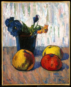 Stillleben mit Äpfeln und Blumenstrauß