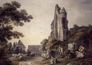 Eine verfallene Abtei in der Nähe eines Bauernhofs