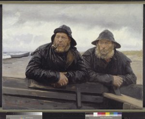 Zwei Fischer neben einem Boot