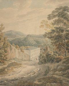Landschaft, Blick bergab zu einem Dorf, dominiert von einem großen dreistöckigen Steinhaus