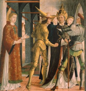Papst Sixtus II. verabschiedet sich von St. Laurentius, um 1465 von Michael Pacher