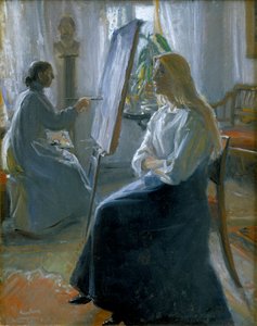 Im Atelier, Anna Ancher, die Frau des Künstlers beim Malen
