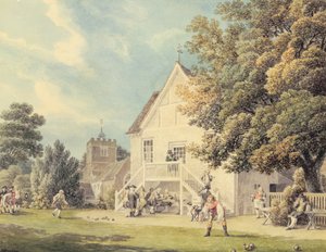 Ein Spiel von Bowls auf dem Bowling Green vor dem Gasthaus Bunch of Grapes, Hurst, Berkshire