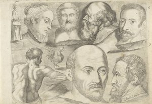 Studienblatt mit Zeichenbeispielen: stehende Figur, Hahn und Köpfe von Michael Snijders