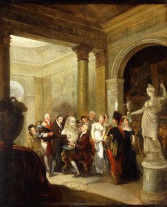 Ein Capriccio-Interieur mit einer Gruppe von Damen und Herren, die eine Büste des Antinous betrachten, mit der Hoffnung Athene und einer Gemäldegalerie rechts; ein Kuppelsalon links, 1811
