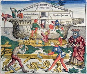 Der Bau der Arche Noah, aus der Nürnberger Chronik von Hartmann Schedel, 1493 von Michael Wolgemut