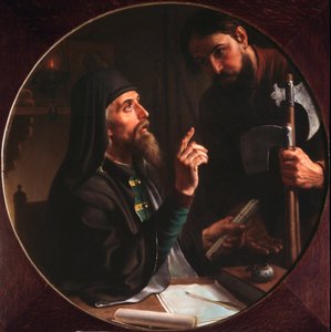 Der Hegumen des Lavra Dionysius Zobninovsky präsentiert eine kirchliche Urkunde von Michail Ivanovich Skotti