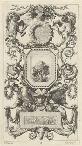 Ornamentale Tafel mit einem Blumenkorb, Amor und Hymen