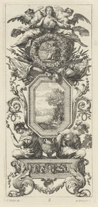 Ornamentales Paneel mit zwei Figuren, die sich auf die Büste einer Frau stützen